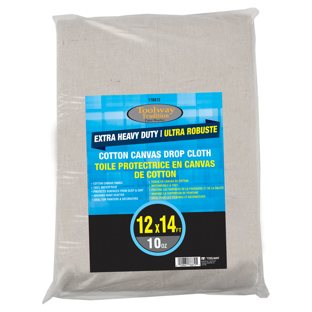 Toolway 178872 Extra Heavy Duty Cotton Canvas Drop Cloth 10oz 12ft x 14ft