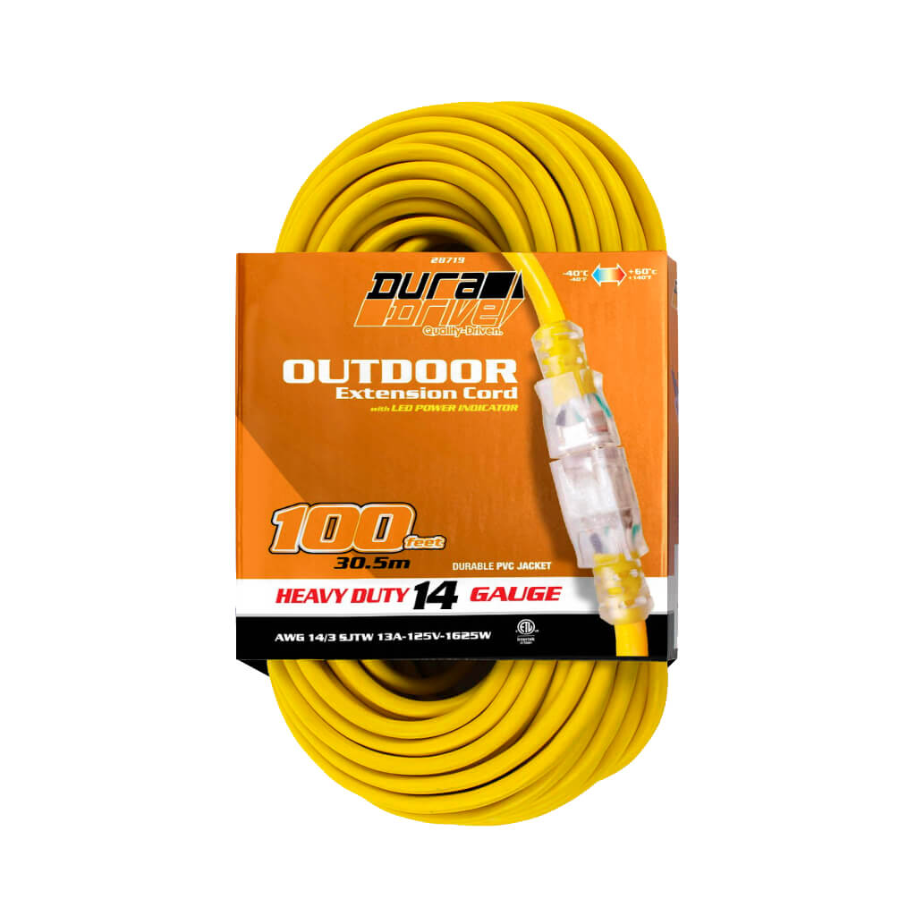 DuraDrive 100 ft 14/3 Lighted Single Tap Power Extension Cord