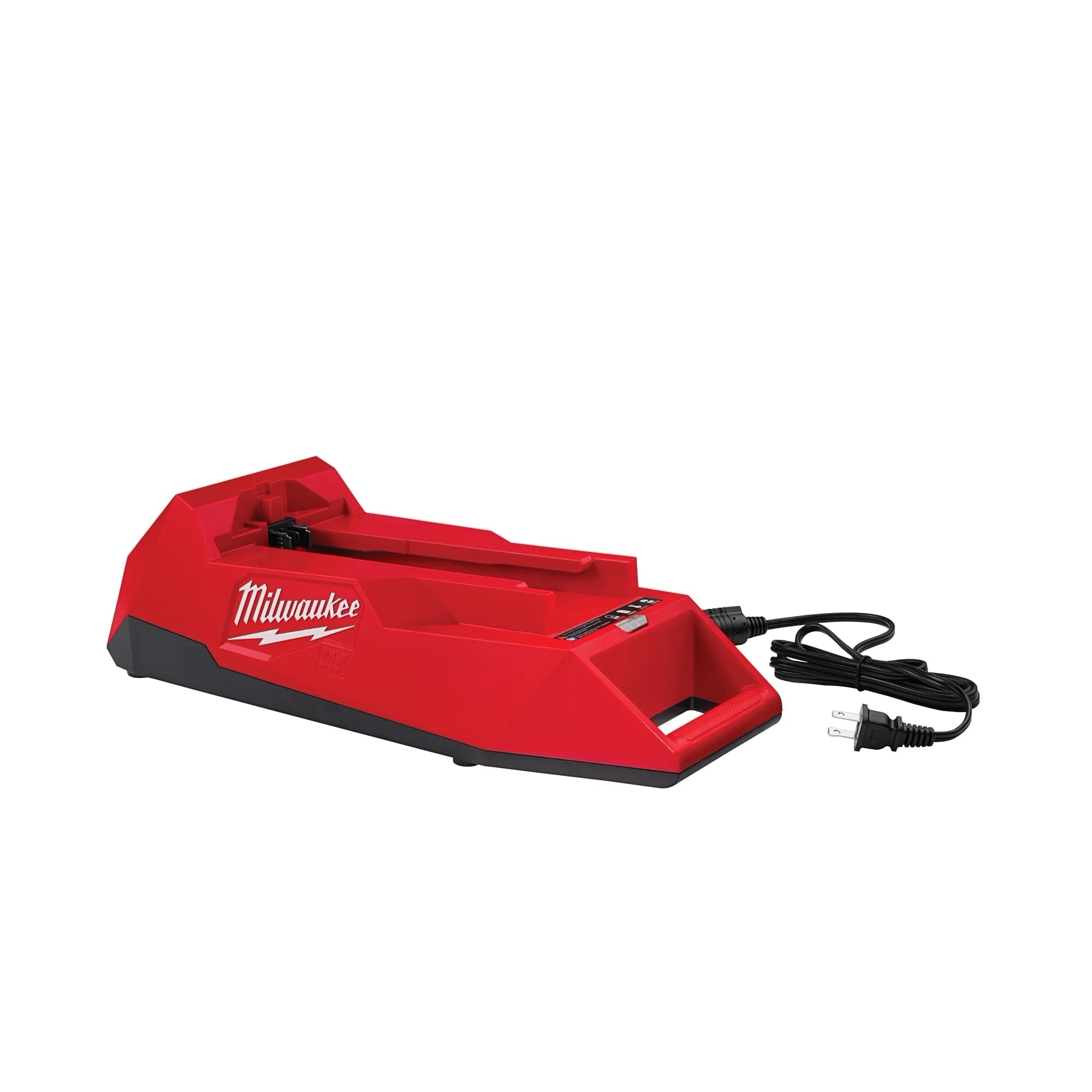 Red Milwaukee tool charger with MX Fuel logo on a white background