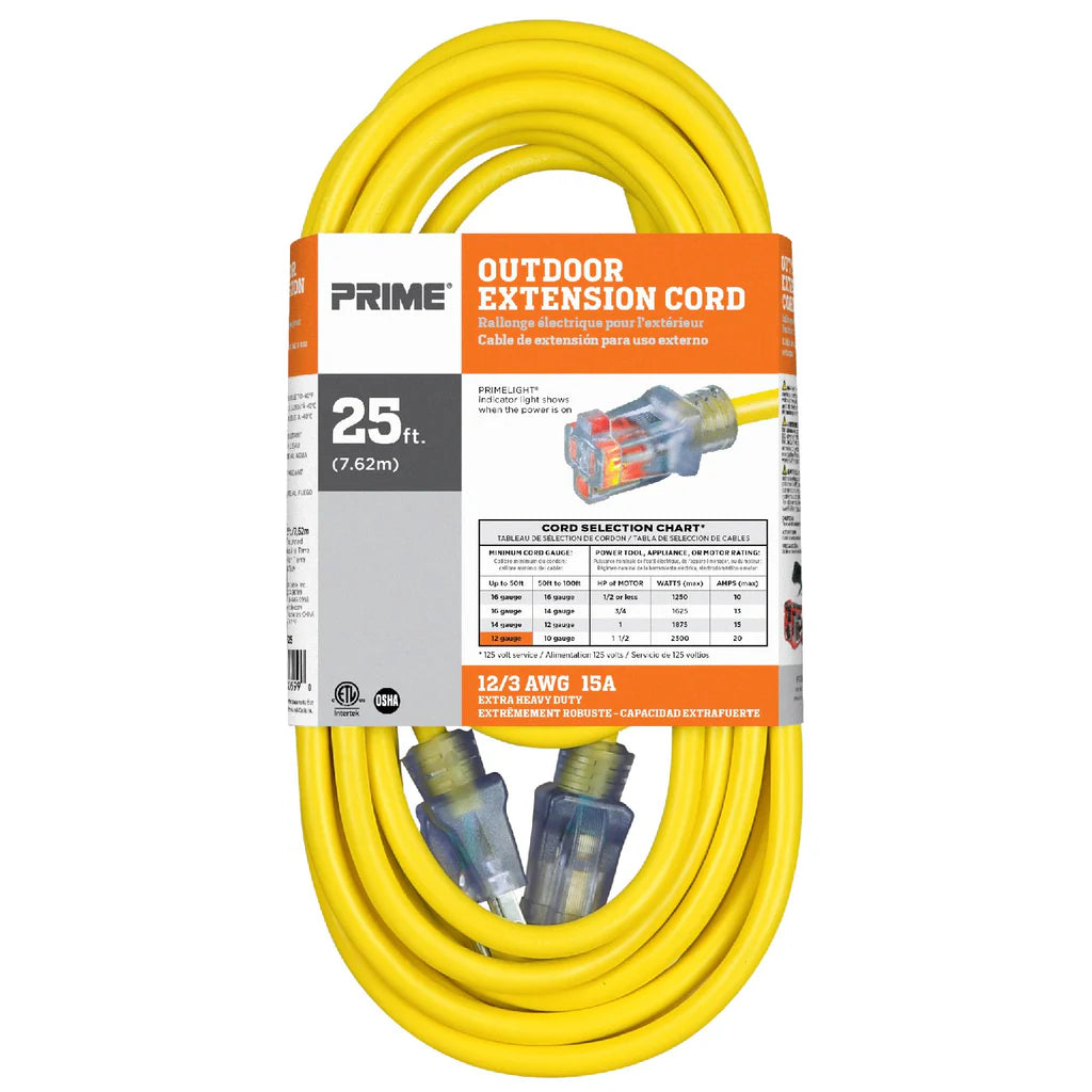 PRIME EC511825 25 ft. 12/3 SJTW Single Tap Extension Cord