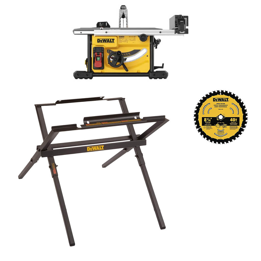 DeWalt DWE7485+DW7451+DWA181440 1.75 in @ 45 deg 2.563 in @ 90 deg Table Saw with Stand and Blade