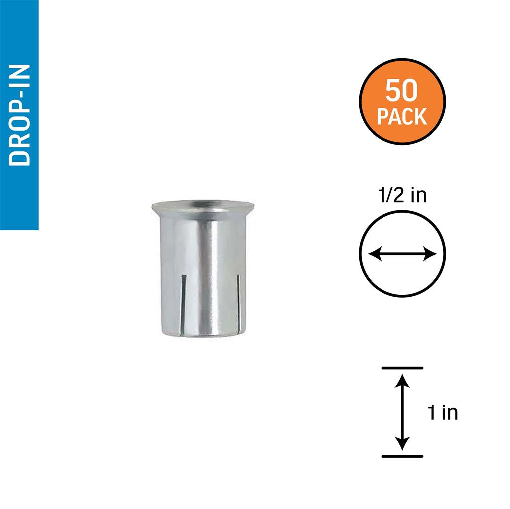 DuraDrive 1/2 in 1 in Steel Internally Threaded Lipped Short Drop-In Anchor - 50/Pack