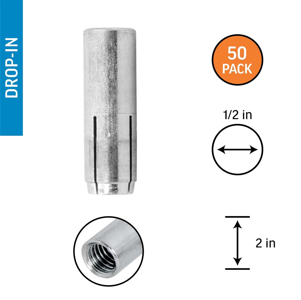 DuraDrive 1/2 in 2 in Steel Internally Threaded Smooth Drop-In Anchor - 50/Pack