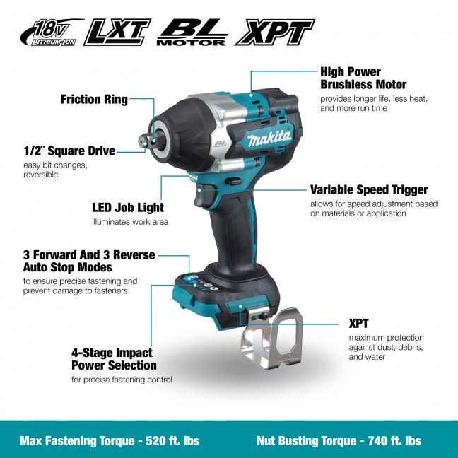 Makita DTW700XVZ 18V LXT Brushless 1/2 in. Impact Wrench with Friction Ring (Tool Only)
