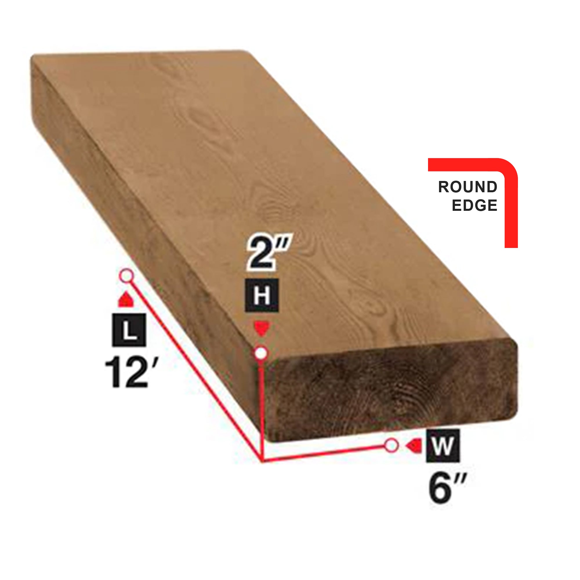 2 in. x 6 in. x 12 ft. Round Edge Brown Pressure Treated Decking Board