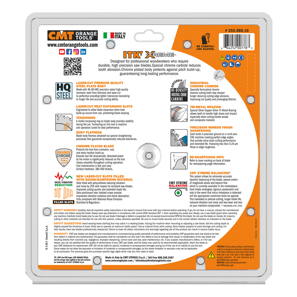 CMT 255.080.10 ITK XTREME 10-In x 80Teeth Wood Saw Blade for Ultra-Fine Finish Cross Cutting