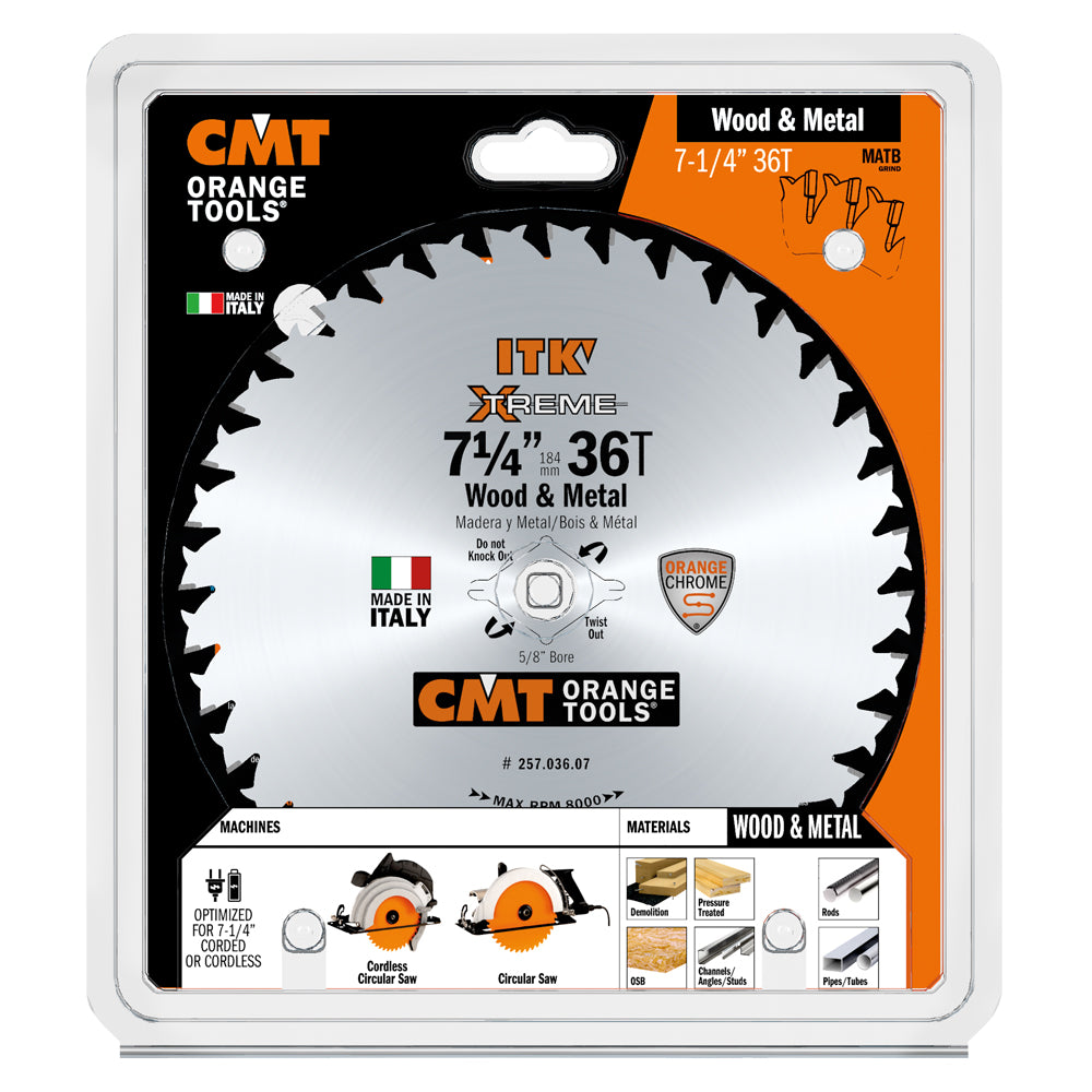 CMT 257.036.07 ITK XTREME 7-1/4-In X 36 Teeth Wood & Metal Saw Blade for General Purpose Cutting