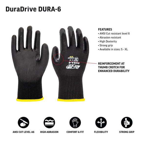DURADRIVE DURA-6 A6 CUT RESISTANT KNITTED GLOVES - ANSI CERTIFIED 3 PACK