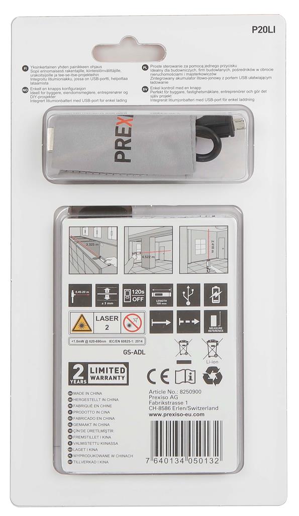 Prexiso 20m / 65 ft. Rechargable Pocket Laser Distance Measure