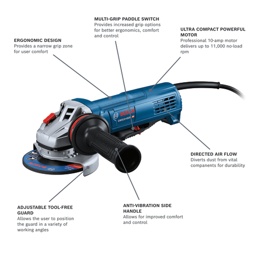 Robert Bosch Tool Corporation BOSCH GWS10-450P 4-1/2 in x 5/8 in-11 UNC 120 V Corded Angle Grinder with No Paddle Switch