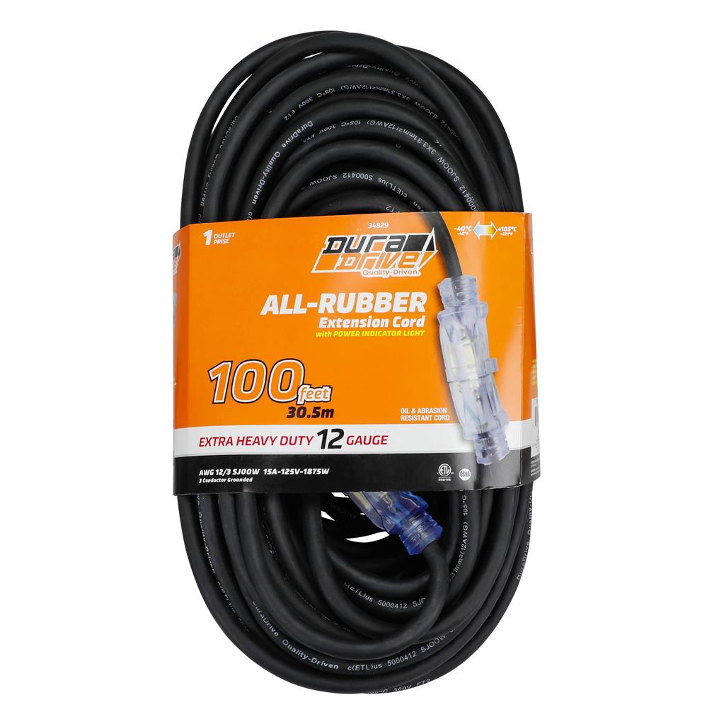 DuraDrive 100 ft 3 Conductors 12 AWG Extension Cord with Lighted Female Plug