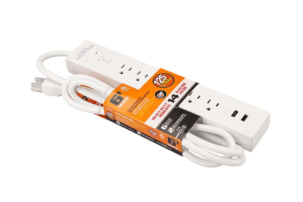 DuraDrive 6 ft 6 Outlets 270 Joules Surge Protection Power Bar with 2 USB Charging Port