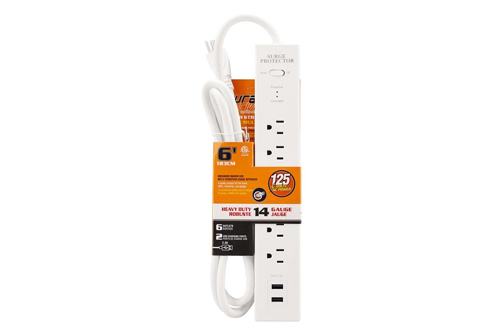 DuraDrive 6 ft 6 Outlets 270 Joules Surge Protection Power Bar with 2 USB Charging Port