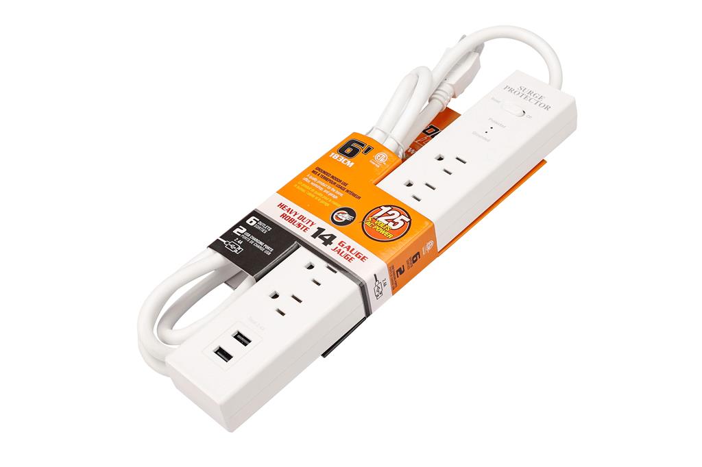 DuraDrive 6 ft 6 Outlets 270 Joules Surge Protection Power Bar with 2 USB Charging Port