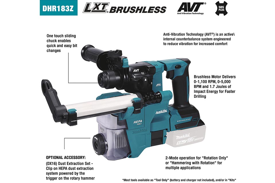 Makita DHR183Z LXT® 11/16 - 1/2 in 18 V Lithium-Ion Brushless Cordless Rotary Hammer (Tool Only)