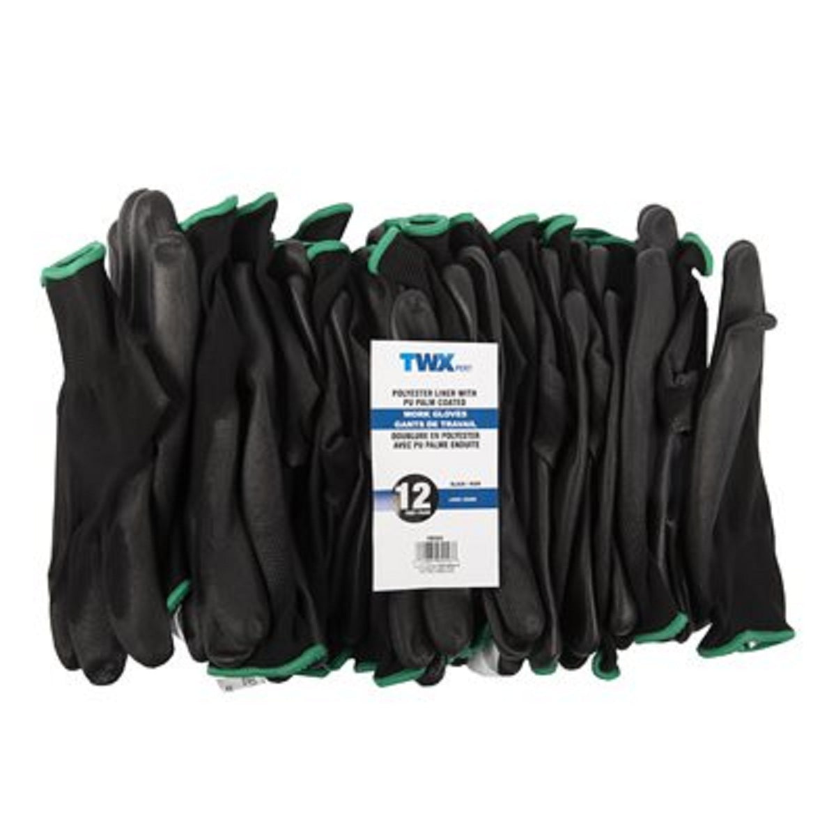 PU GLOVES BLACK DIPPED BLACK POLYESTER 12PR/ PACK