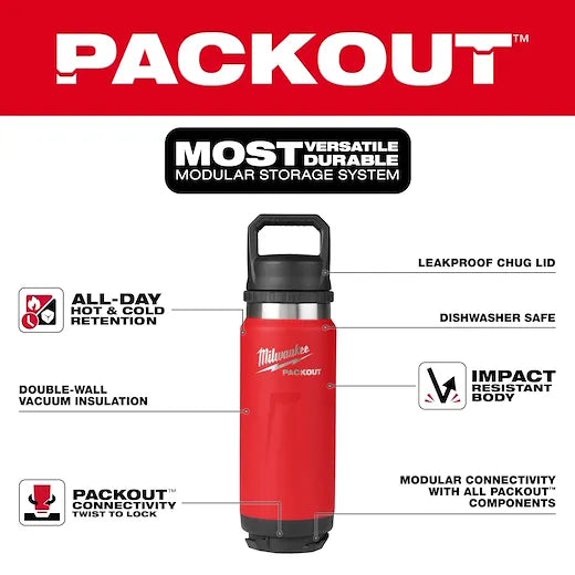 Milwaukee 48-22-8396R PACKOUT™ 24 oz 18/8 Stainless Steel Red Insulated Bottle with Chug Lid