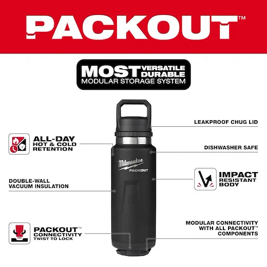 Milwaukee 48-22-8397B PACKOUT™ 36 oz 18/8 Stainless Steel Black Insulated Bottle with Chug Lid