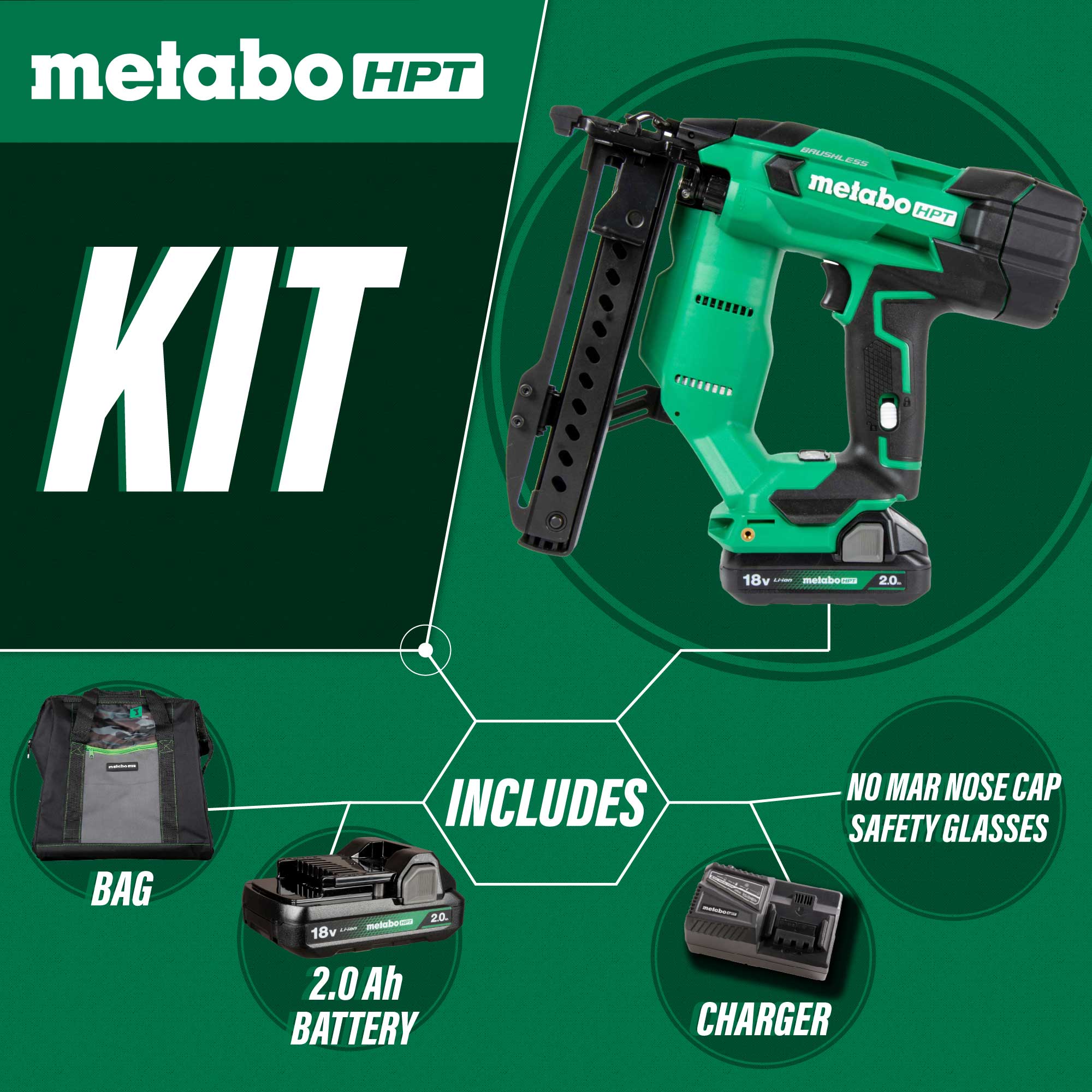 METABO HPT N1804DAM 18V MultiVolt™ Brushless 18-Gauge 1/4 Inches Narrow Crown Stapler Kit