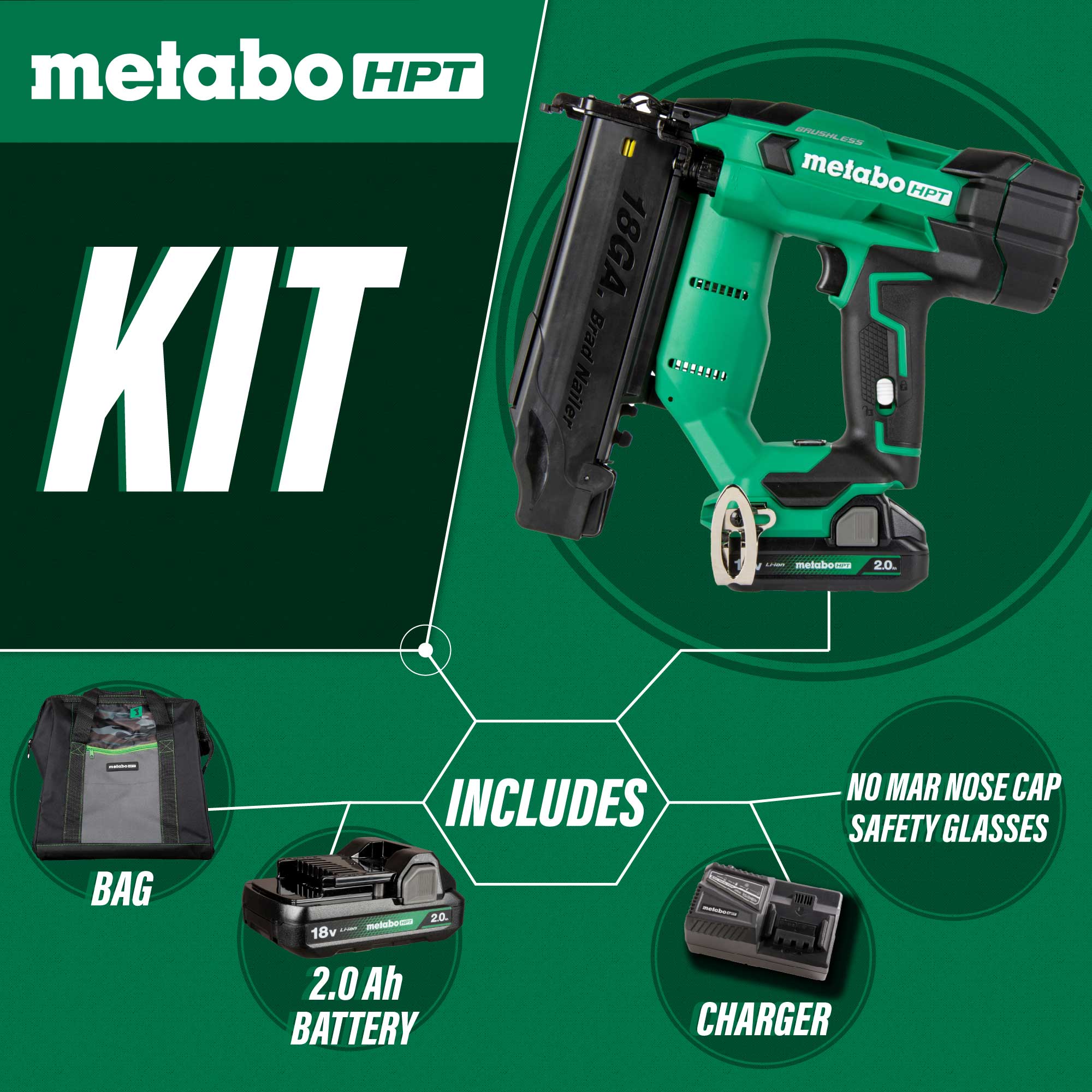 Metabo HPT NT1850DFT 5/8 - 2 in 18 ga Straight Cordless Brad Nailer Kit