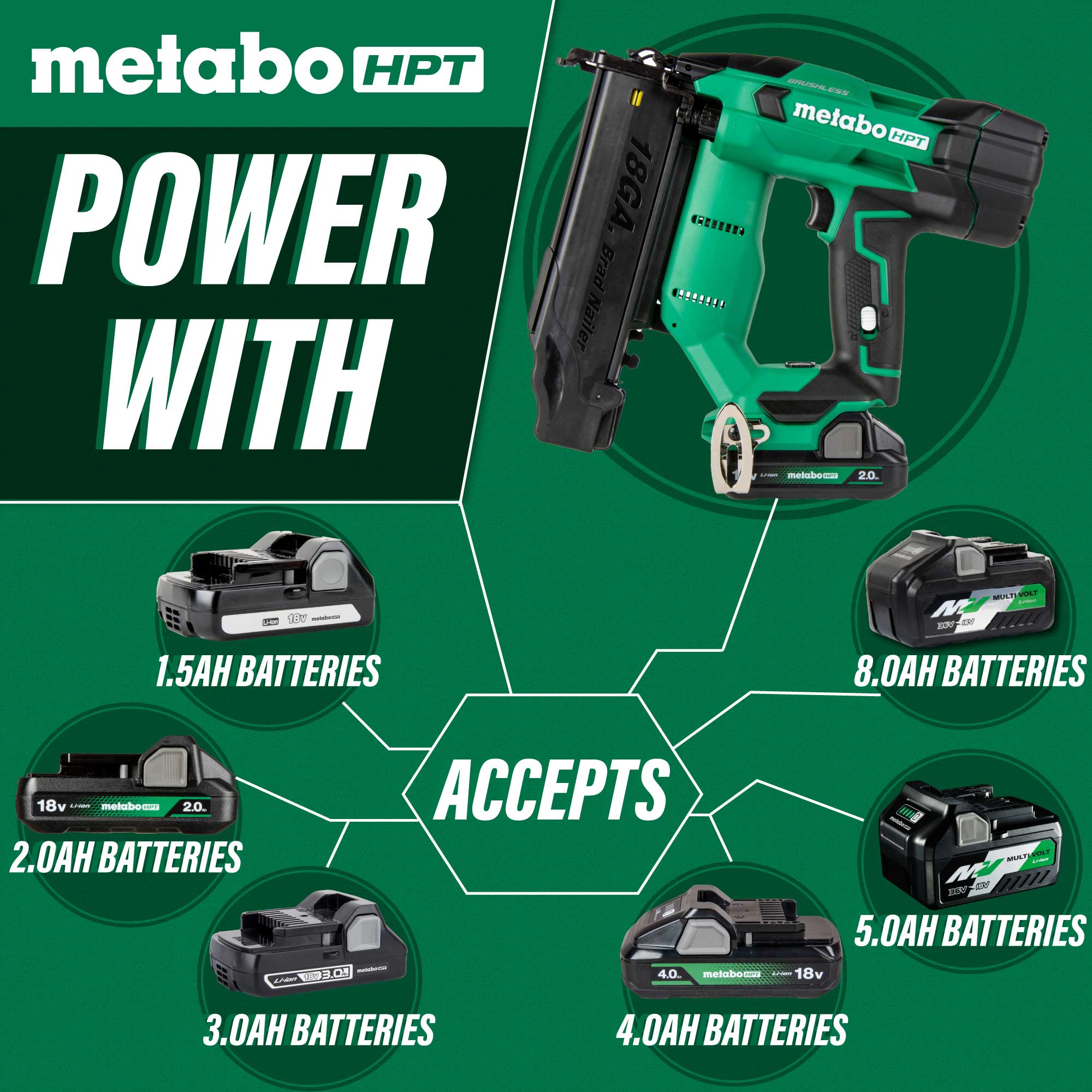 Metabo HPT NT1850DFT 5/8 - 2 in 18 ga Straight Cordless Brad Nailer Kit