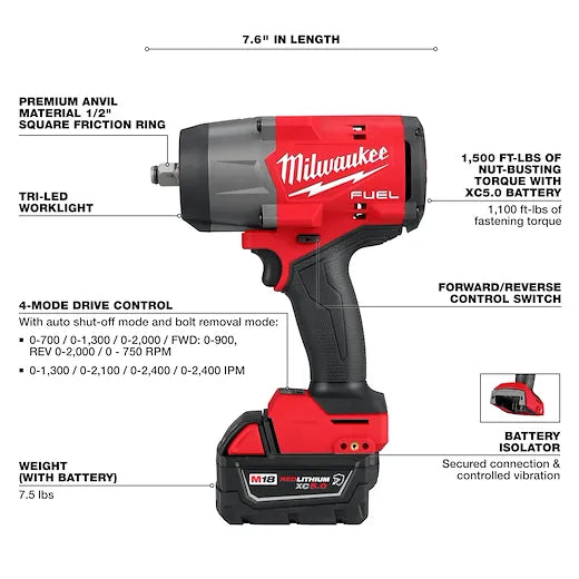 Milwaukee 2967-22 1/2 in 1100 ft/lb (Fastening) 1500 ft/lb (Nut Bursting) 2400 ipm Cordless Impact Wrench with Friction Ring Kit