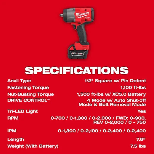 Milwaukee 2967-22 1/2 in 1100 ft/lb (Fastening) 1500 ft/lb (Nut Bursting) 2400 ipm Cordless Impact Wrench with Friction Ring Kit