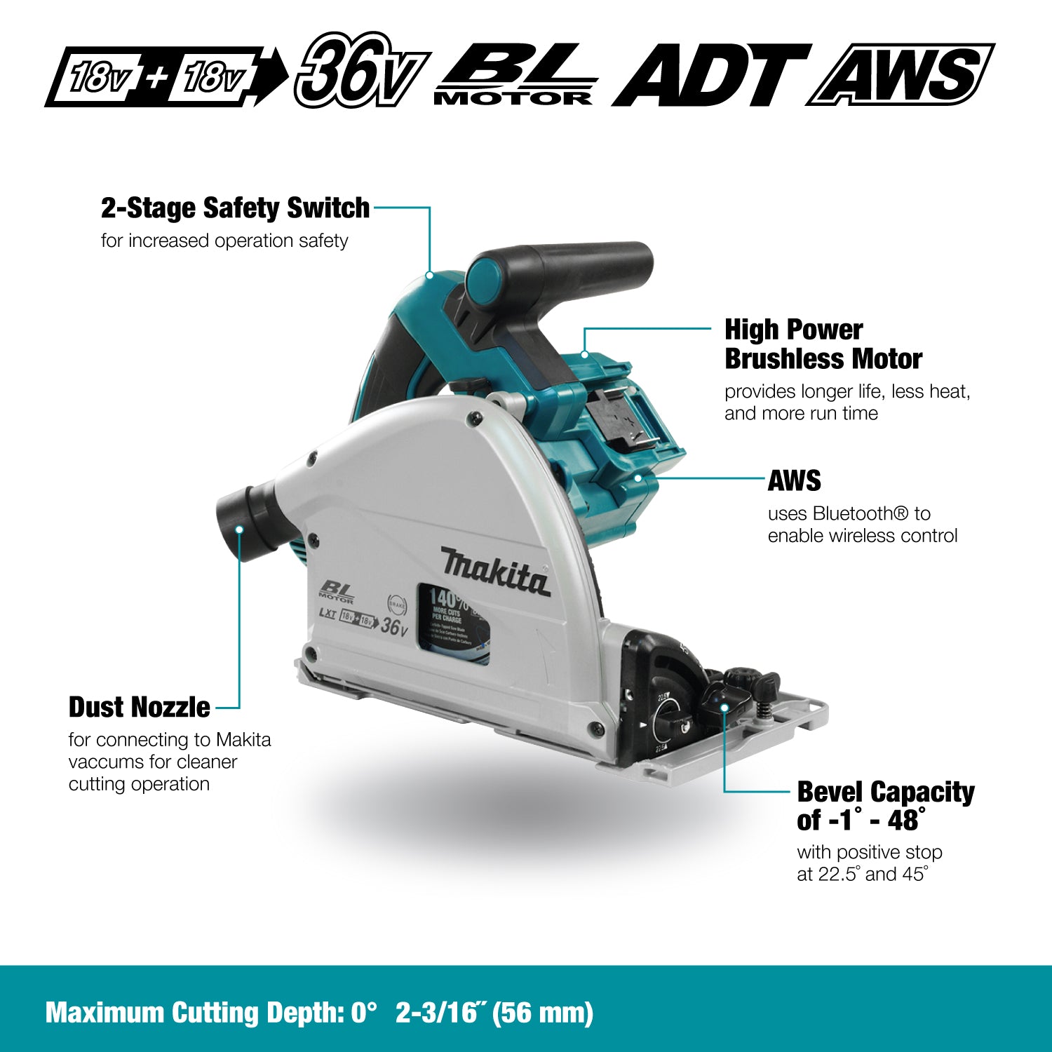 Makita DSP601ZJ LXT® 6-1/2 in 13/16 in Carbide-Tipped Brushless Cordless Circular Saw (Tool Only)