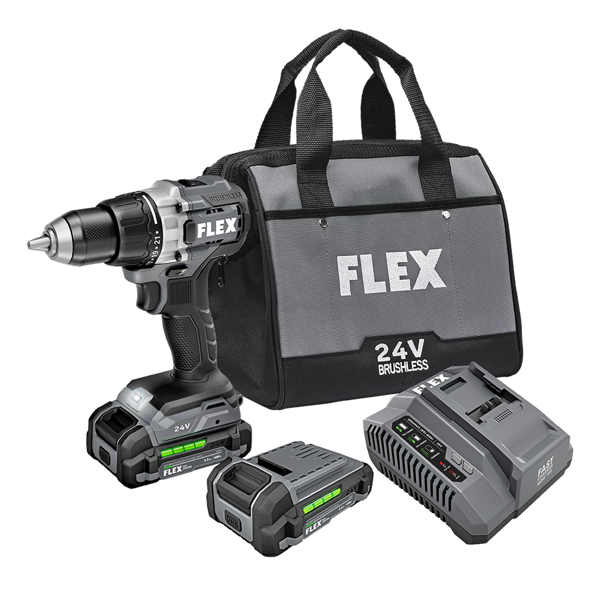 FLEX FX1151-2A 24V 1/2-inch brushless drill/driver kit with two 2.5Ah batteries, 160W fast charger and bag