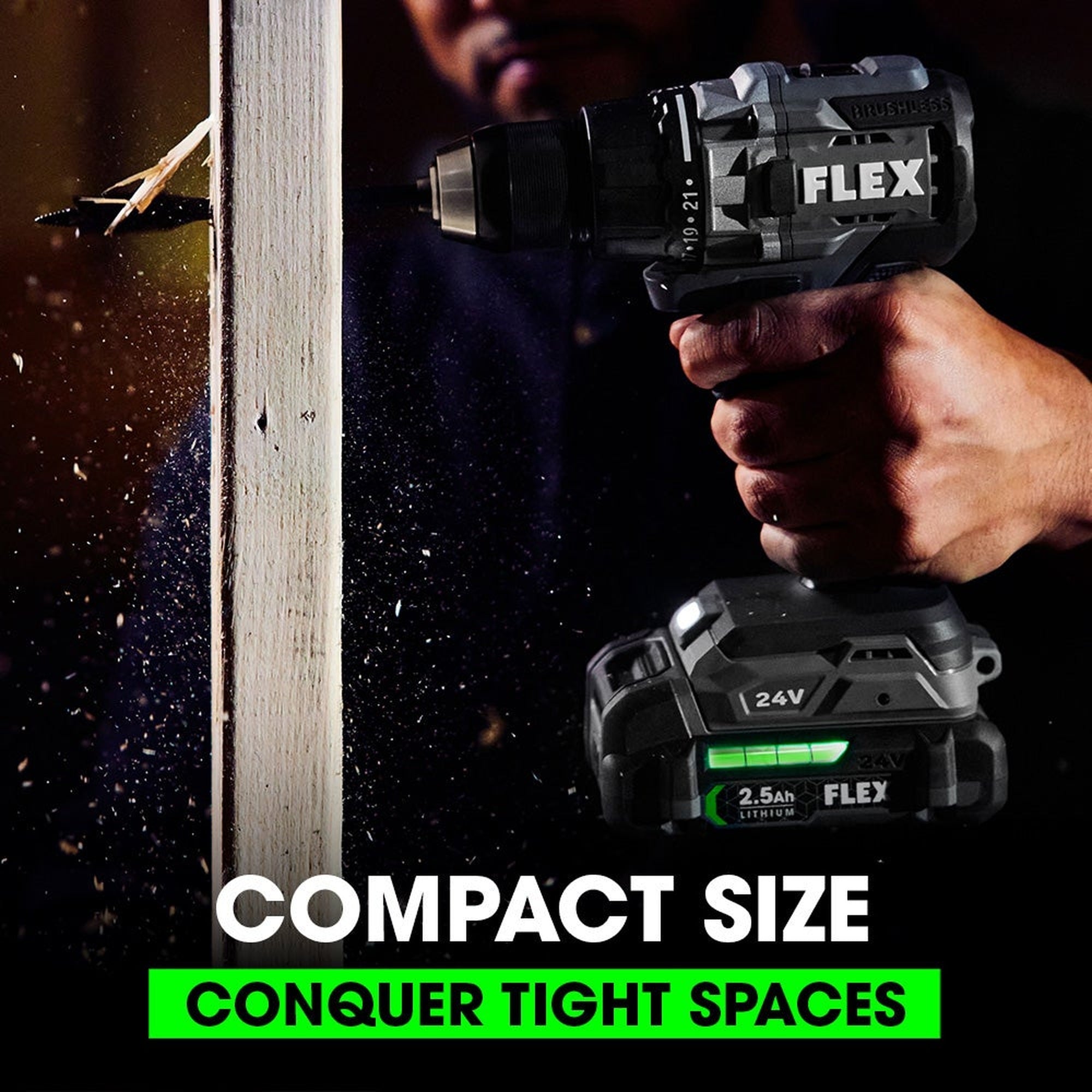 FLEX FX1151 compact 24V drill/driver used between wood framing