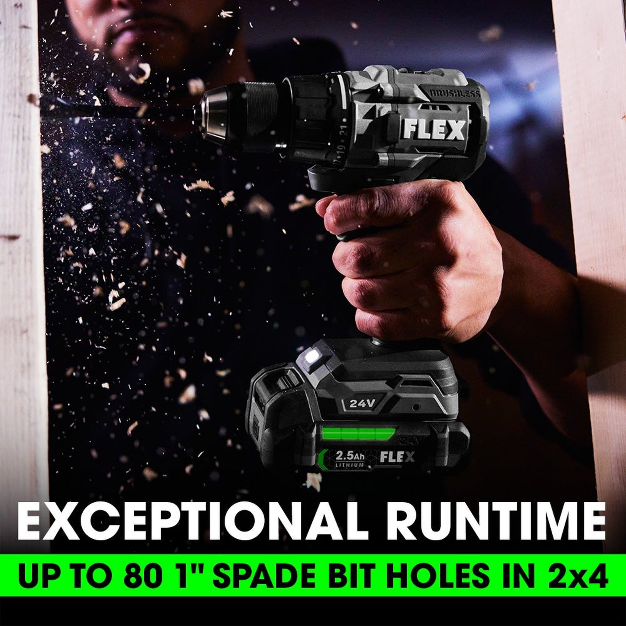 FLEX FX1151 runtime of up to 80 1-inch spade-bit holes in 2x4 lumber