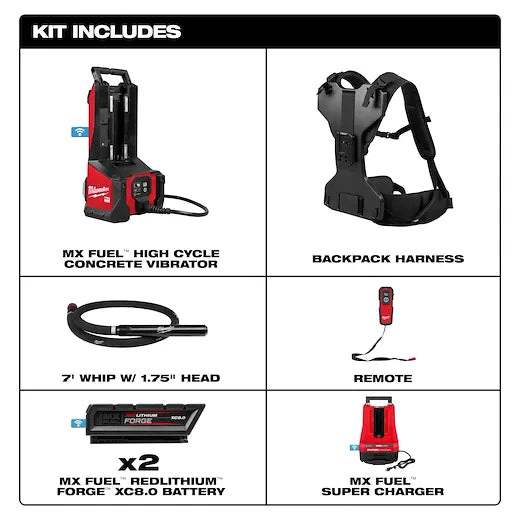 Milwaukee MXF372-2XCB MX FUEL™ MX FUEL™ Battery Rubber/Glass Filled Nylon/Metal 12.9 in Length x 10 in Width x 19.5 in Height Cordless Backpack High Cycle Concrete Vibrator Kit