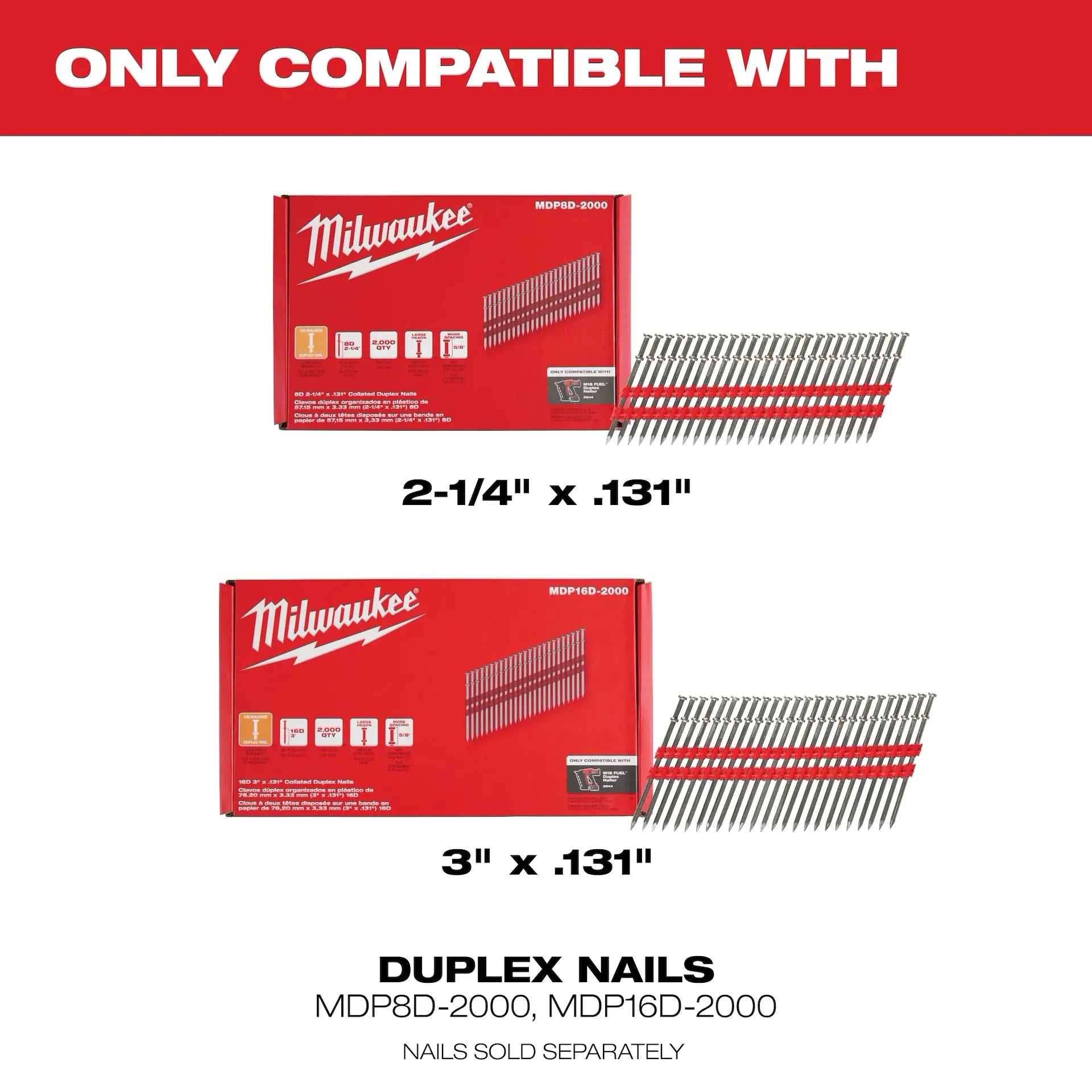 Milwaukee 2844-20 4 Nails/Second 800 Nails/Charge 2-7/8 in, 3-5/8 in, 0.131 in Cordless Duplex Nailer