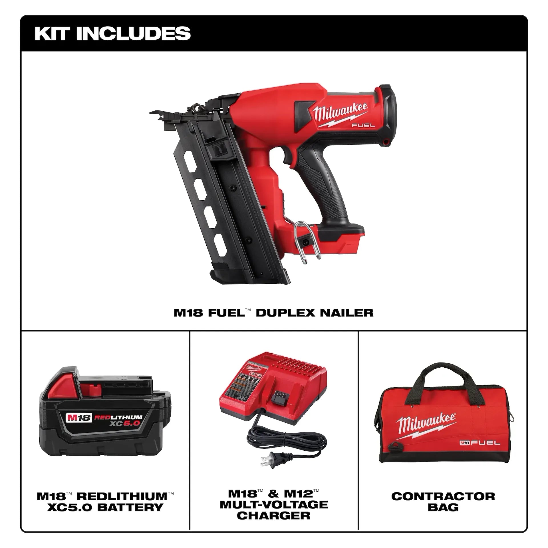 Milwaukee 2844-21 4 Nails/Second 800 Nails/Charge 2-7/8 in, 3-5/8 in, 0.131 in Cordless Duplex Nailer Kit