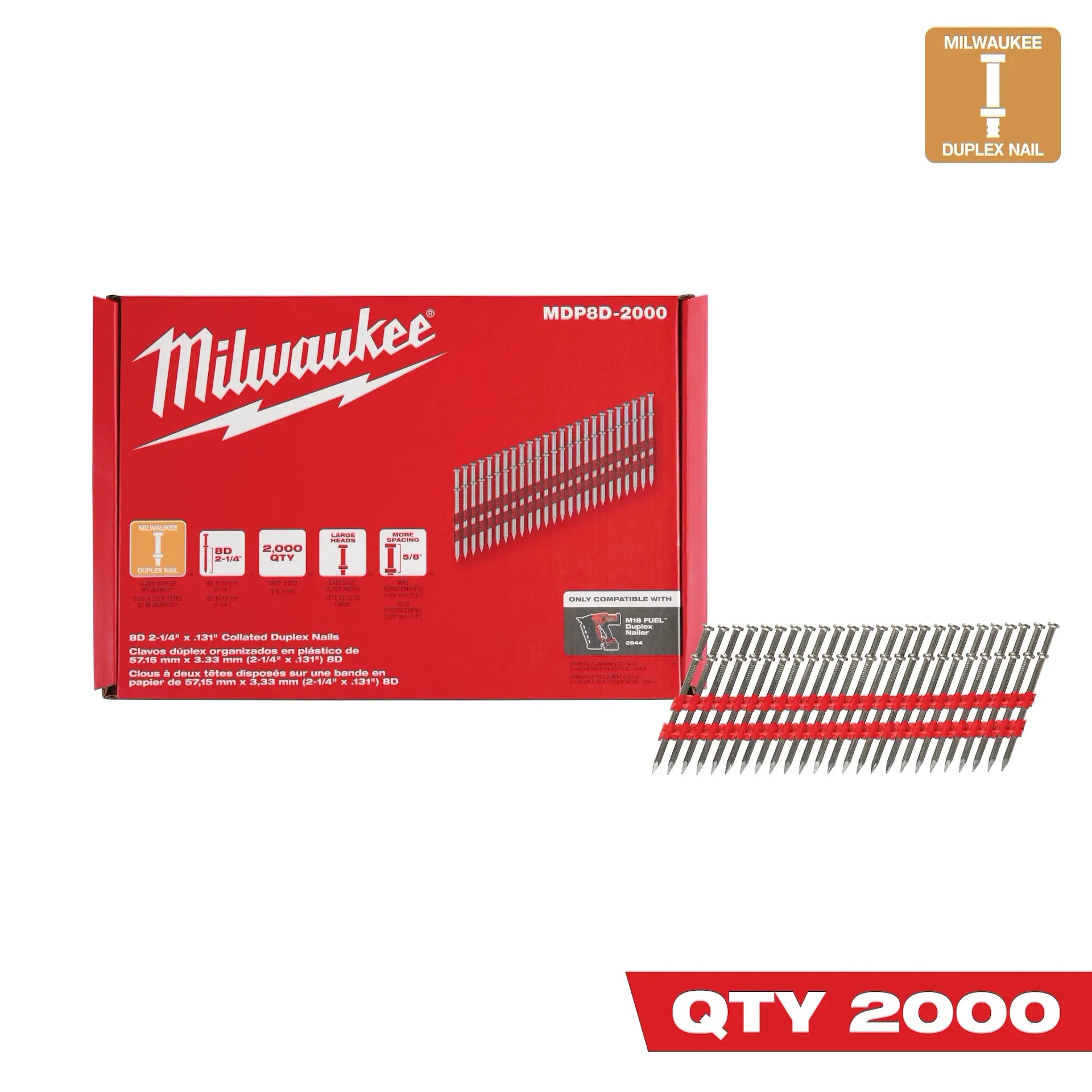 Milwaukee MDP8D-2000 2-1/4 in (Drivable) 2-7/8 in (Total) Steel Bright Collated Duplex Nails - 2000/Pack