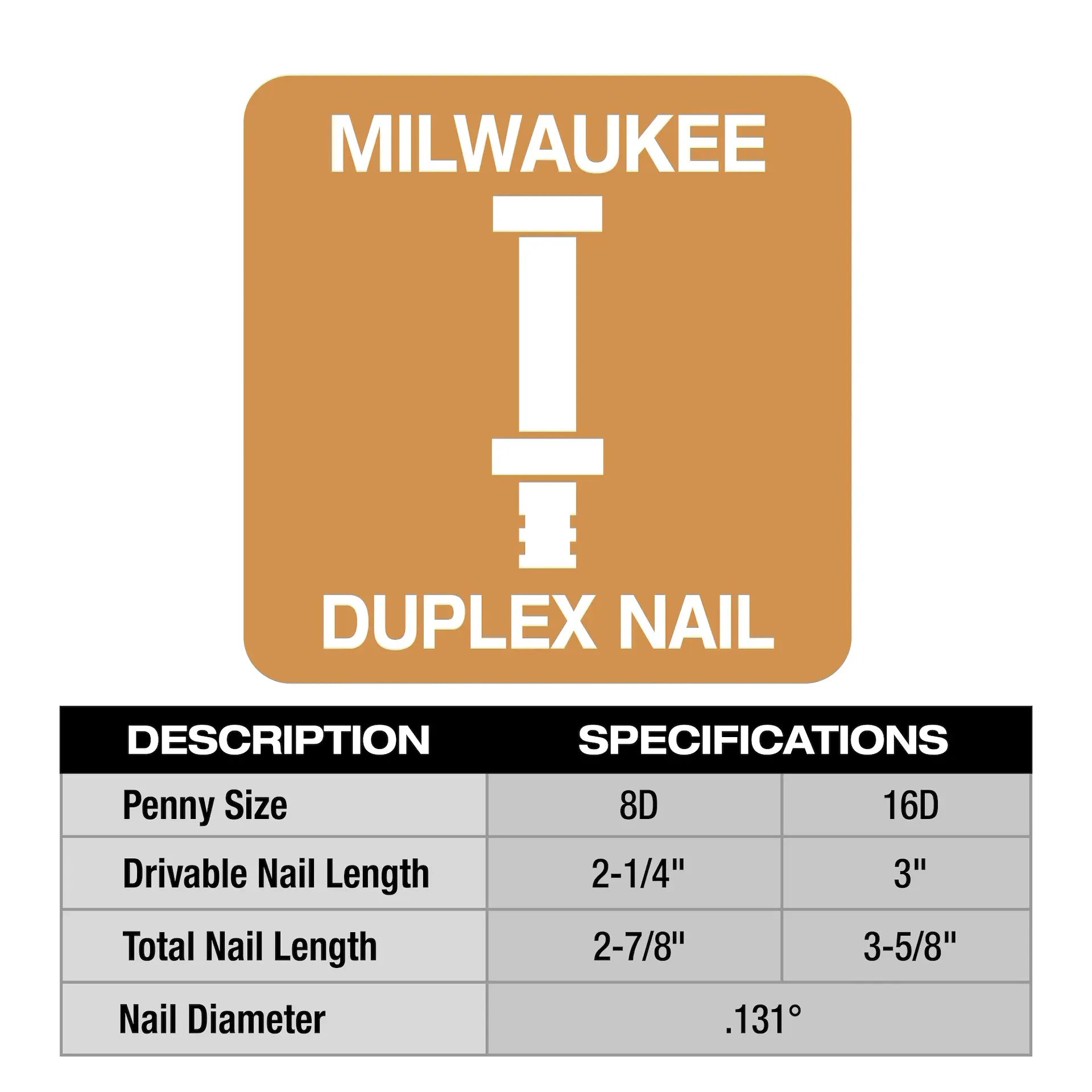 Milwaukee MDP8D-2000 2-1/4 in (Drivable) 2-7/8 in (Total) Steel Bright Collated Duplex Nails - 2000/Pack