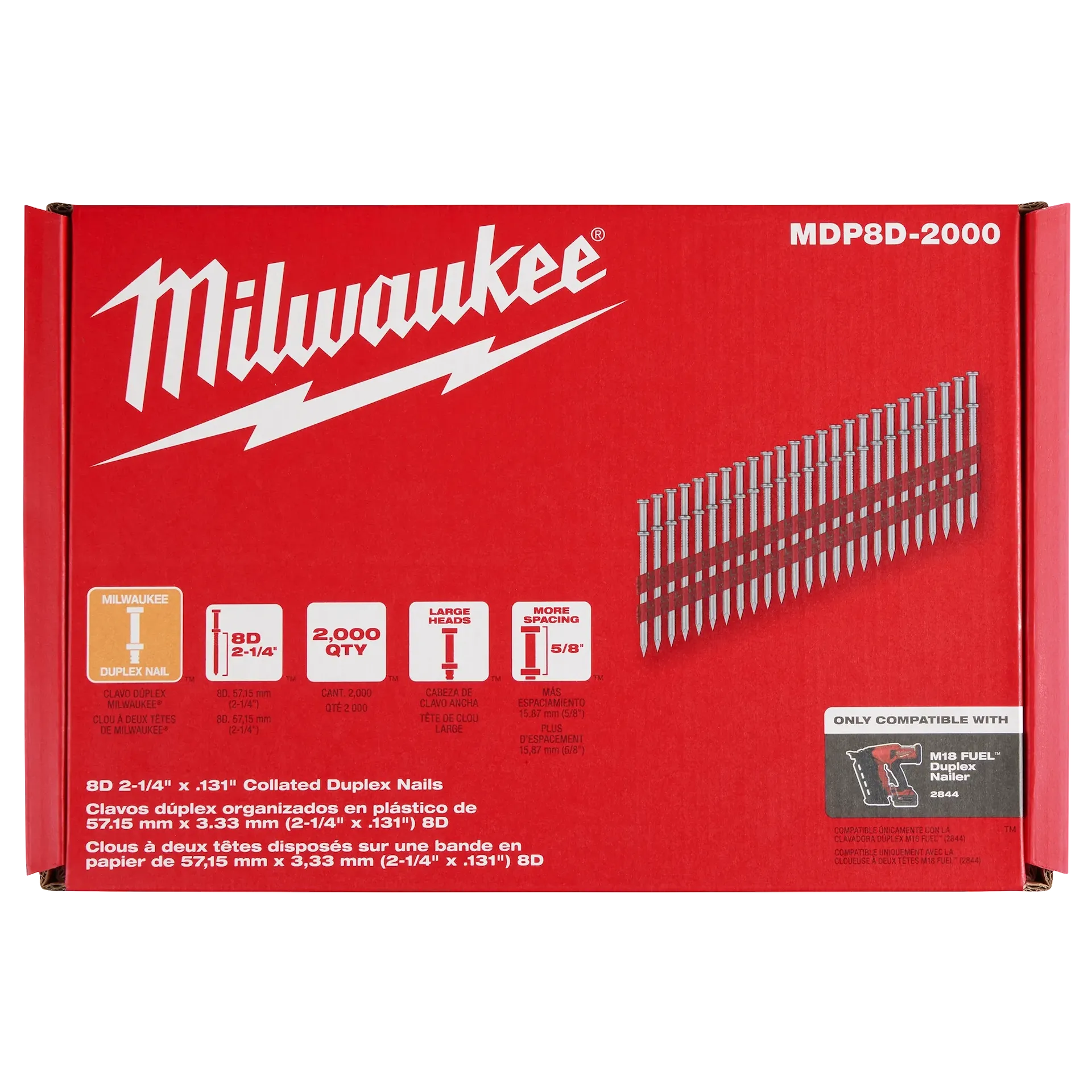 Milwaukee MDP8D-2000 2-1/4 in (Drivable) 2-7/8 in (Total) Steel Bright Collated Duplex Nails - 2000/Pack