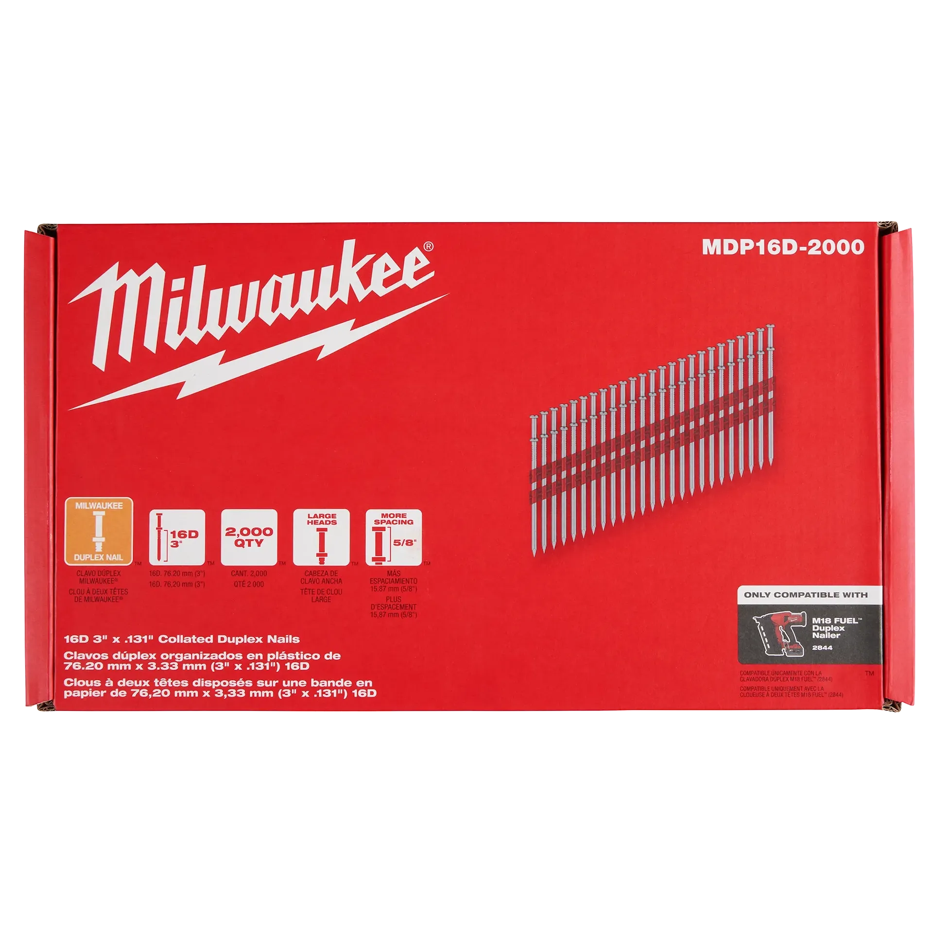 Milwaukee MDP16D-2000 3 in (Drivable) 3-5/8 in (Total) Steel Bright Duplex Nails - 2000/Pack