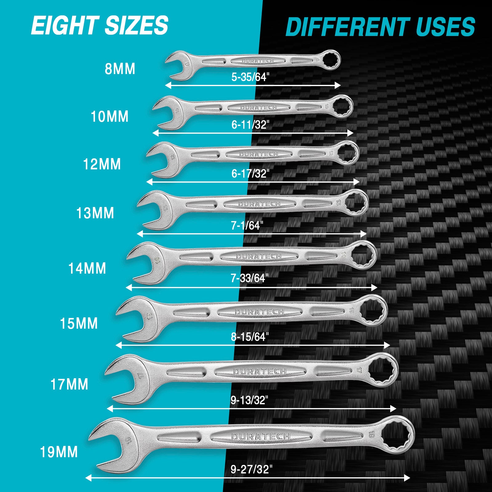 DURATECH DT402051 COMBINATION WRENCH METRIC CRV SET (8,10,12,13,14,15,17,19mm) 8PC