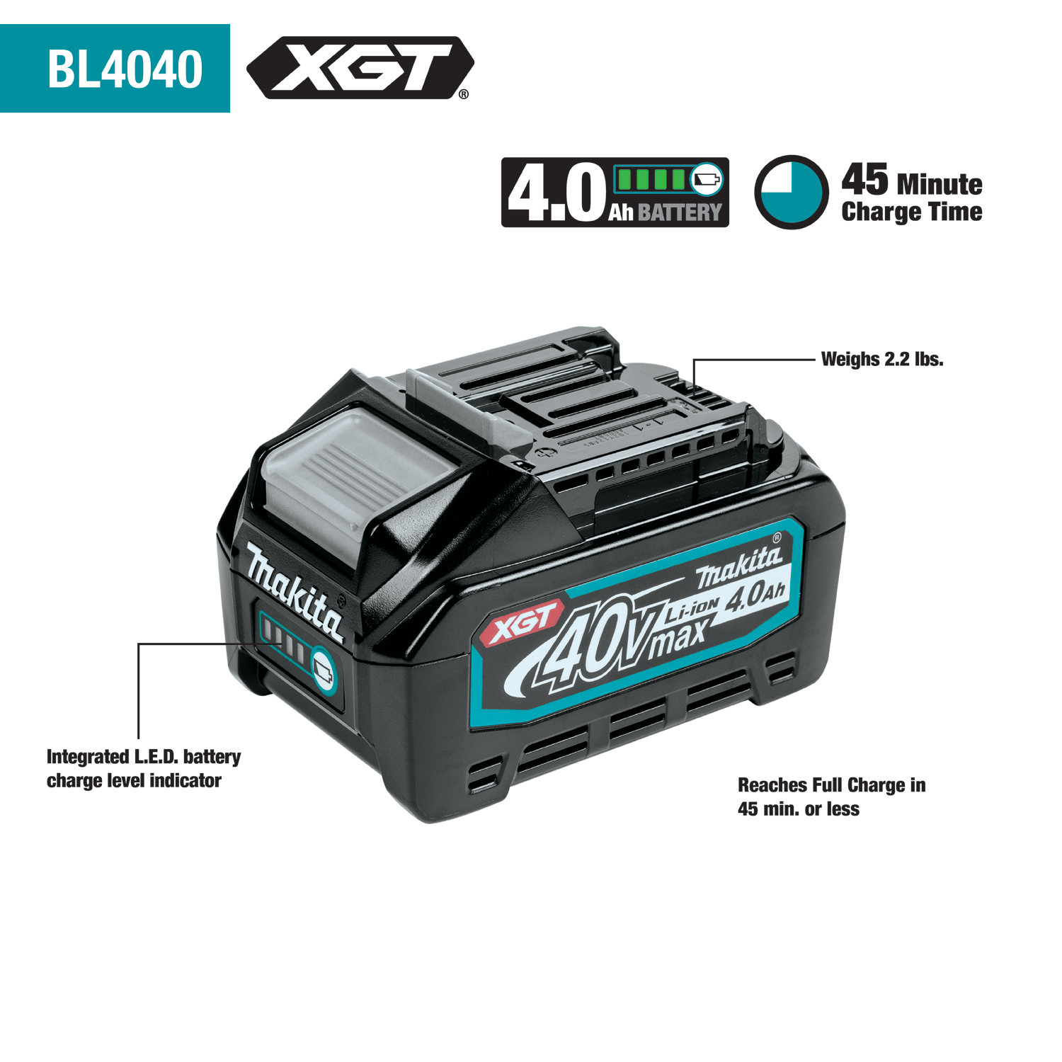 Makita BL4040-2 XGT® Lithium-Ion 4 Ah 40 V Rechargeable Battery Pack