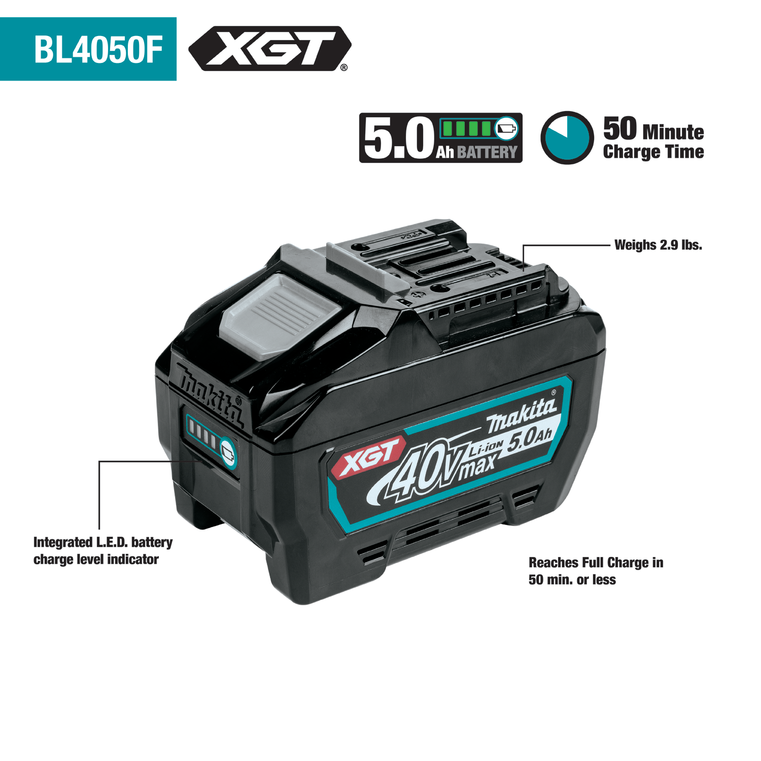 Makita BL4050F Lithium-Ion 40 V 5 Ah Battery with Level Indicator