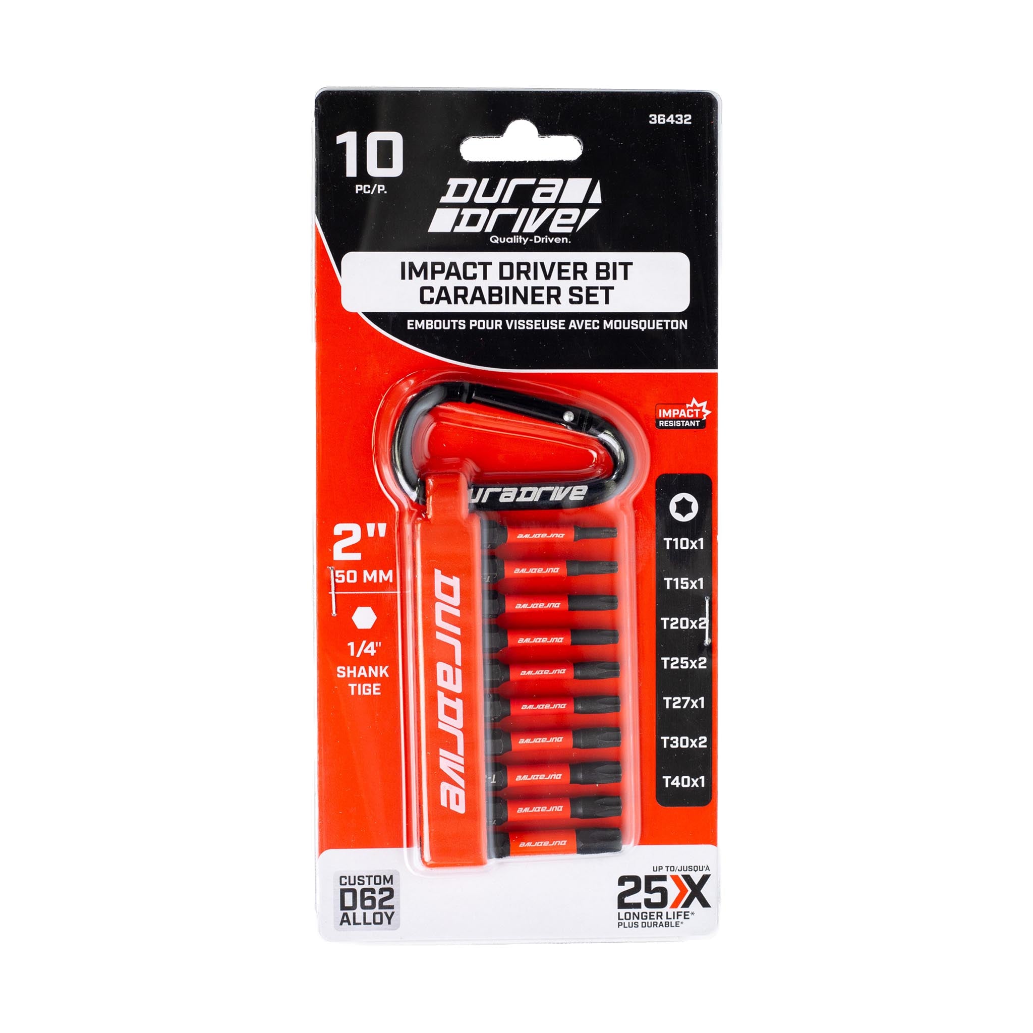 DURADRIVE 2.0 IMPACT DRIVER BIT CARABINER SET 2 InchesTORX 10PKT10(1)T15(1)T20(2)T25(2)T27(1)T30(2)T