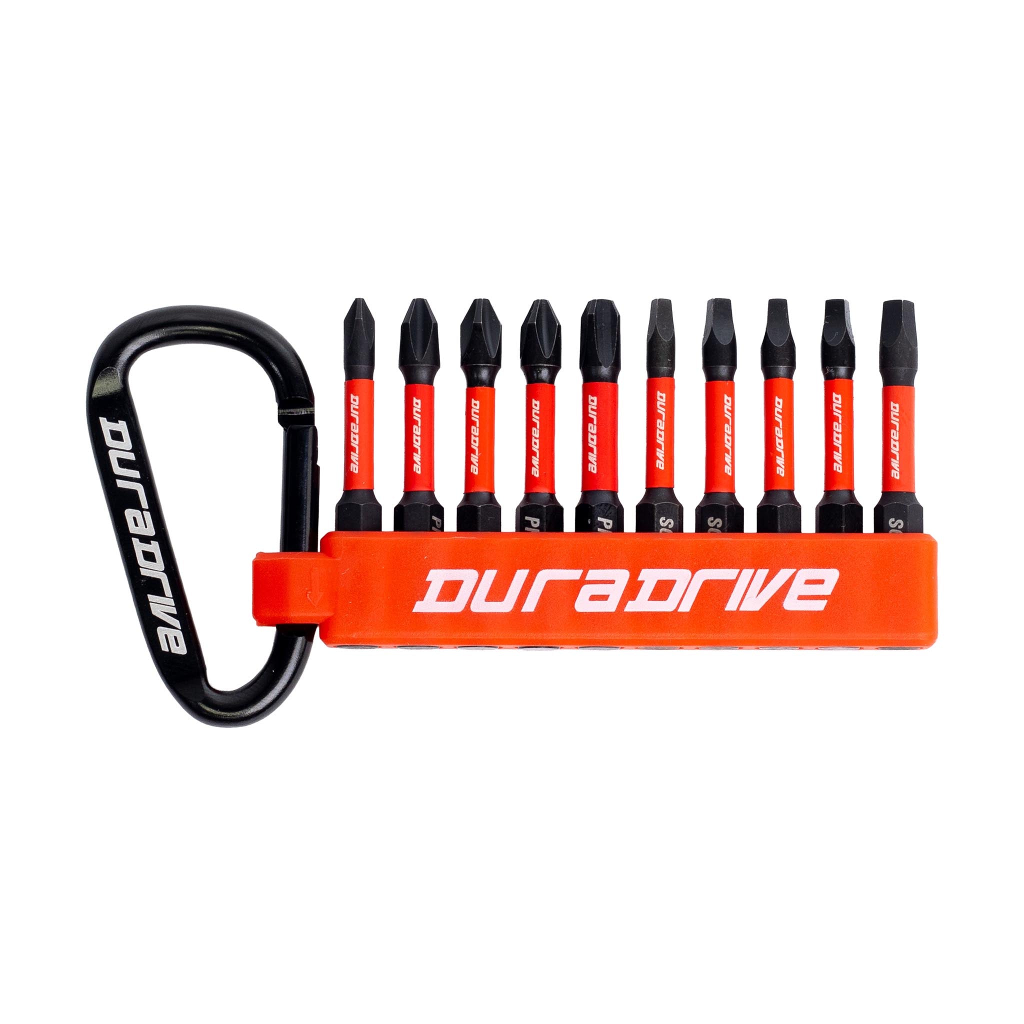 DURADRIVE 2.0 IMPACT DRIVER BIT CARABINER SET 2 Inches 10PK PH1(1),PH2(3),PH3(1),SQ1(1),SQ2(3),SQ3(1