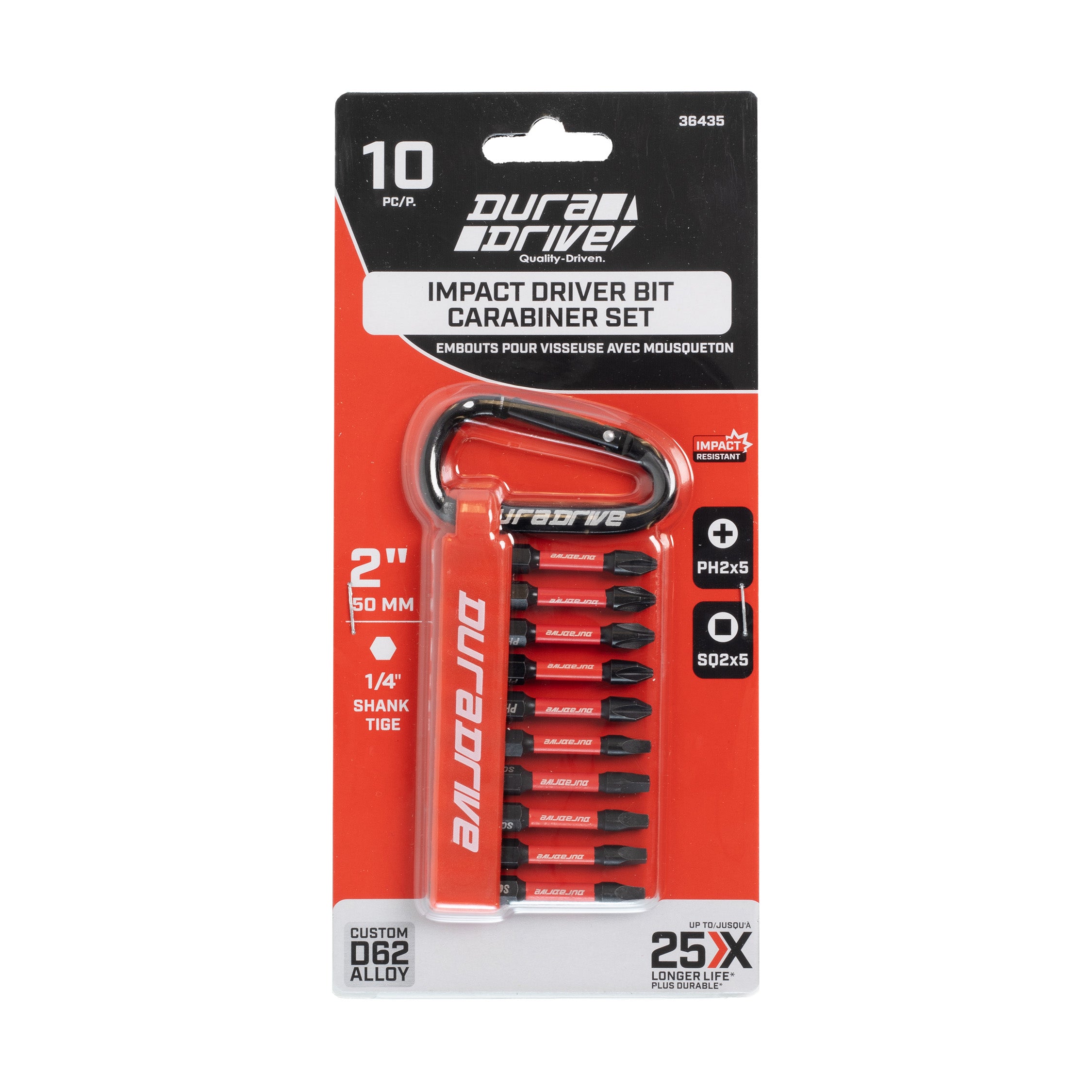 DuraDrive 2" PH2 & SQ2 Carabiner Impact Driver Bit Set (10-Pieces)
