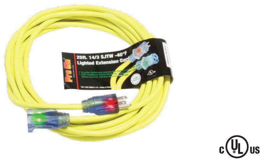 Century D17333025 ProGlo 14/3 SJTW 25 feet Coldweather Extension Cord Single Tap with "CGM" and lighted ends