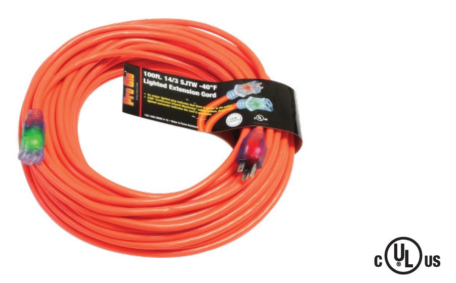 Century D17332100 ProGlo 14/3 SJTW 100 feet Coldweather Extension Cord Single Tap with "CGM" and lighted ends