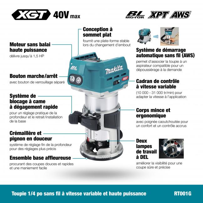 MAKITA RT001GZ01 40Vmax XGT Brushless Router with AWS (Tool Only)