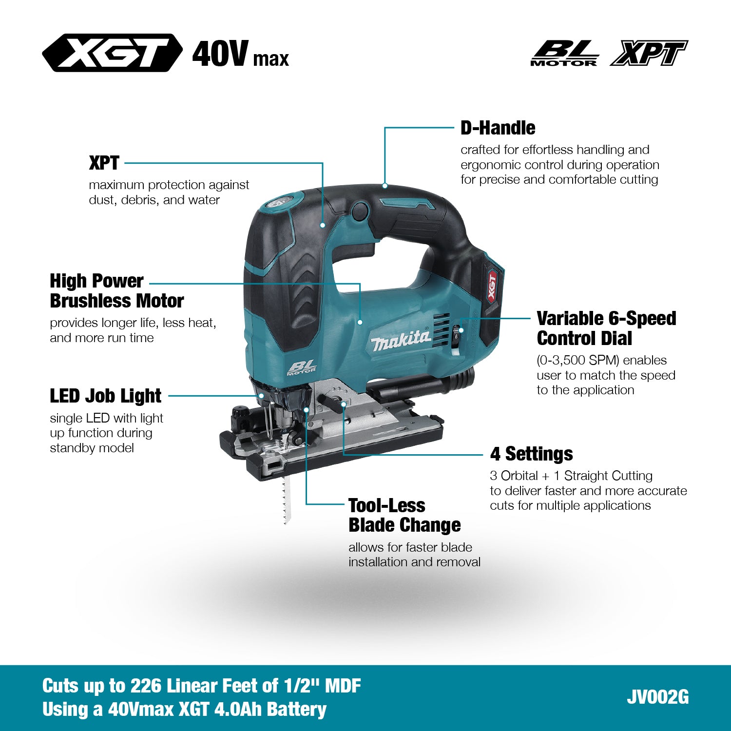 Makita JV002GZ 40Vmax XGT Brushless Jig Saw w/D-Handle, Tool Only