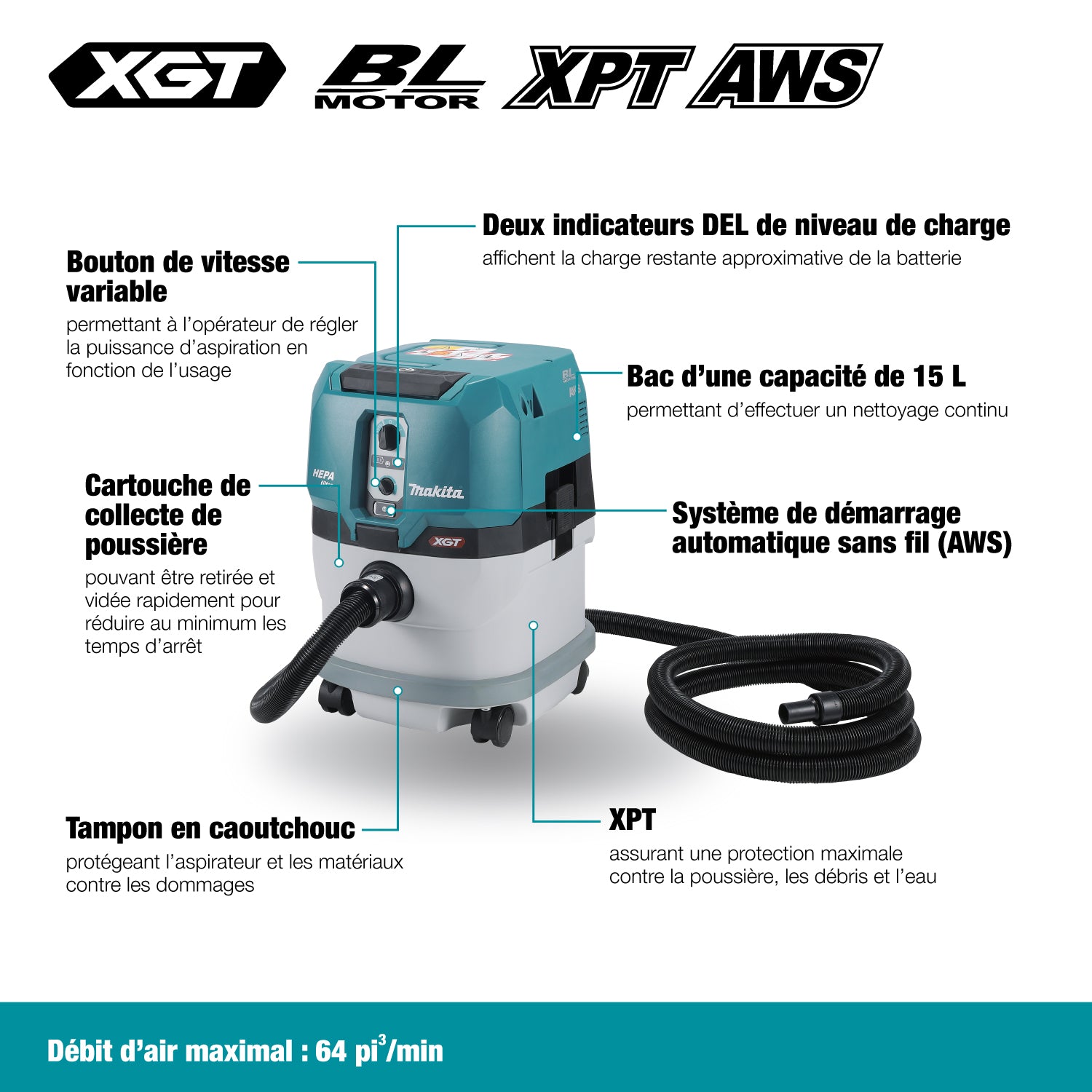 MAKITA VC004GLZ02 40Vmax XGT Brushless 15 L Dry Vacuum Cleaner, Tool Only