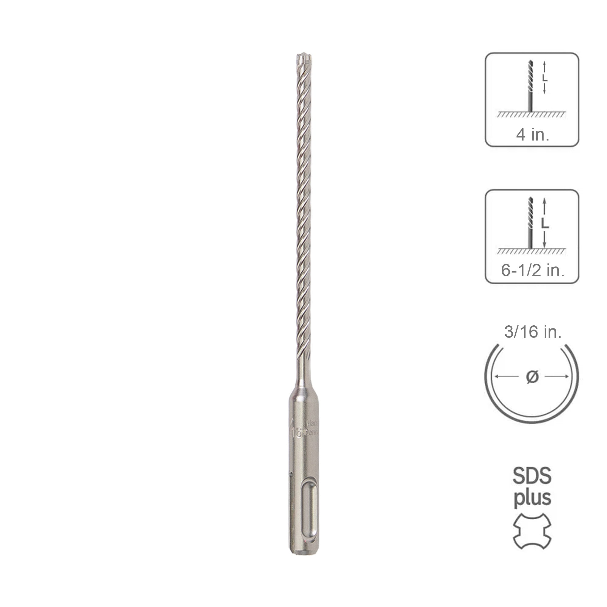 SABERCUT 3/16 In. x 4 In. x 6-1/2 In. 4-Cutter Premium Full Head Carbide SDS Plus Drill Bit